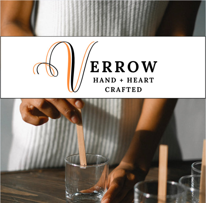 Person using a wooden stirrer in a glass with 'Verrow' branding above.